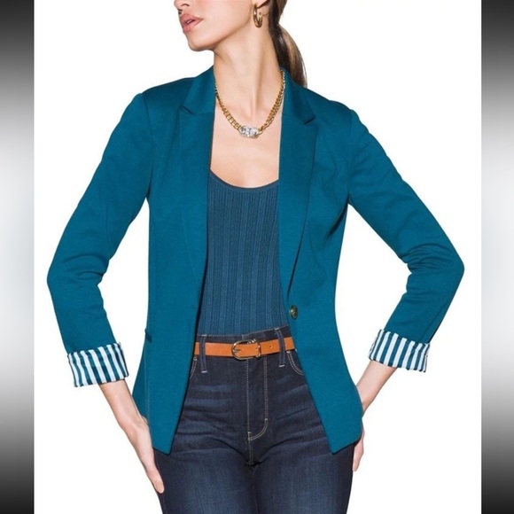 WHBM Outlet Everyday Knit Long Sleeve Blazer‎ Jacket Teal Blue Green Size 14